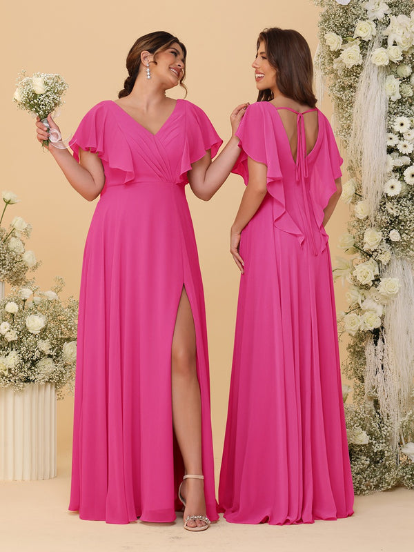 A-Line/Princess V-Neck Short Sleeves Floor-Length Ruched Bridesmaid Dresses With Side Slit