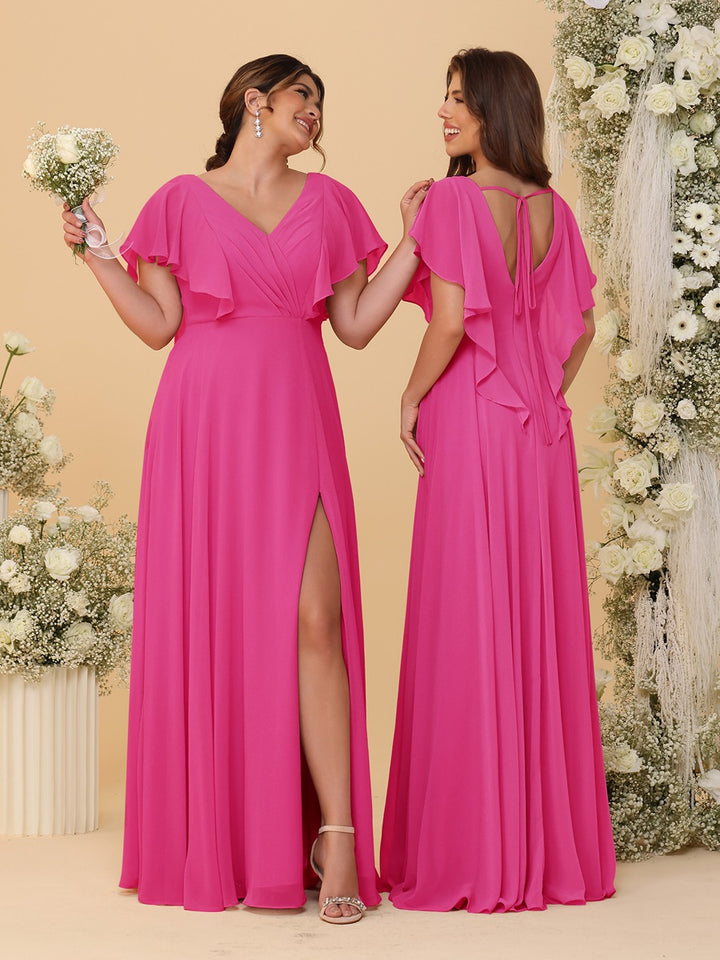 A-Line/Princess V-Neck Short Sleeves Floor-Length Ruched Bridesmaid Dresses With Side Slit