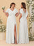 A-Line/Princess V-Neck Short Sleeves Floor-Length Ruched Bridesmaid Dresses With Side Slit