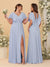 A-Line/Princess V-Neck Short Sleeves Floor-Length Ruched Bridesmaid Dresses With Side Slit