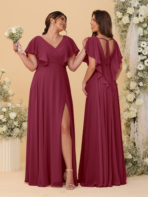 A-Line/Princess V-Neck Short Sleeves Floor-Length Ruched Bridesmaid Dresses With Side Slit
