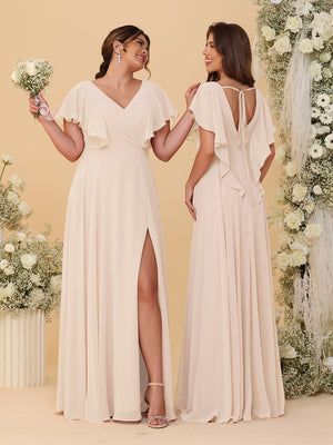 A-Line/Princess V-Neck Short Sleeves Floor-Length Ruched Bridesmaid Dresses With Side Slit