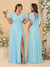 A-Line/Princess V-Neck Short Sleeves Floor-Length Ruched Bridesmaid Dresses With Side Slit