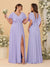A-Line/Princess V-Neck Short Sleeves Floor-Length Ruched Bridesmaid Dresses With Side Slit