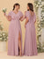 A-Line/Princess V-Neck Short Sleeves Floor-Length Ruched Bridesmaid Dresses With Side Slit