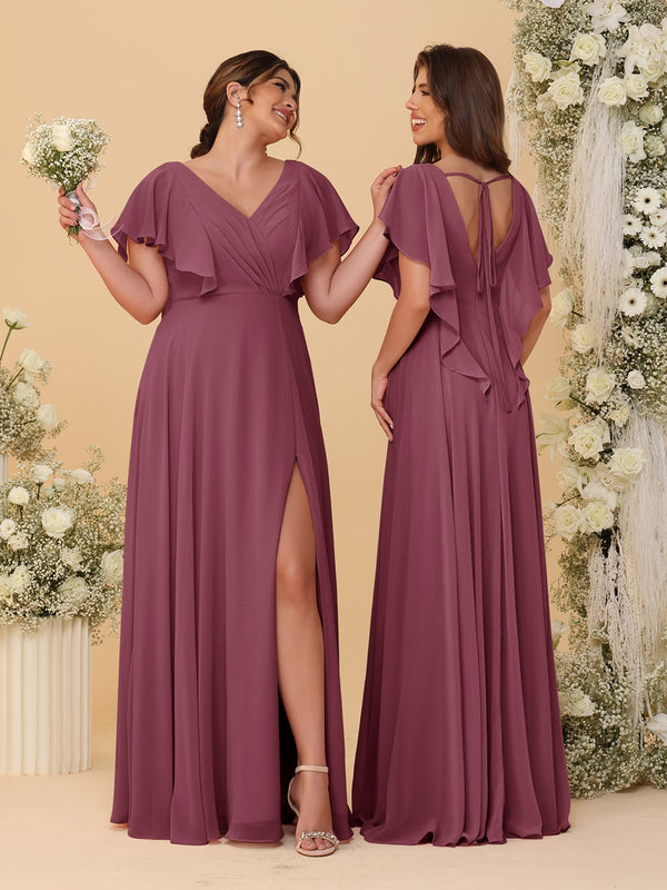 A-Line/Princess V-Neck Short Sleeves Floor-Length Ruched Bridesmaid Dresses With Side Slit