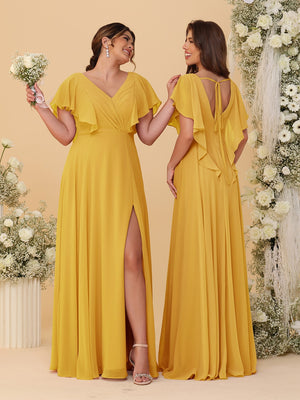 A-Line/Princess V-Neck Short Sleeves Floor-Length Ruched Bridesmaid Dresses With Side Slit