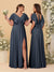 A-Line/Princess V-Neck Short Sleeves Floor-Length Ruched Bridesmaid Dresses With Side Slit