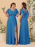 A-Line/Princess V-Neck Short Sleeves Floor-Length Ruched Bridesmaid Dresses With Side Slit