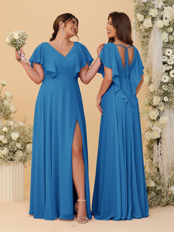 A-Line/Princess V-Neck Short Sleeves Floor-Length Ruched Bridesmaid Dresses With Side Slit