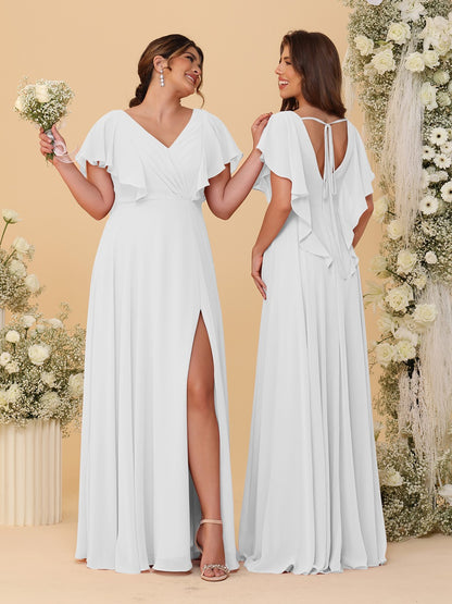 A-Line/Princess V-Neck Short Sleeves Floor-Length Ruched Bridesmaid Dresses With Side Slit