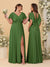 A-Line/Princess V-Neck Short Sleeves Floor-Length Ruched Bridesmaid Dresses With Side Slit
