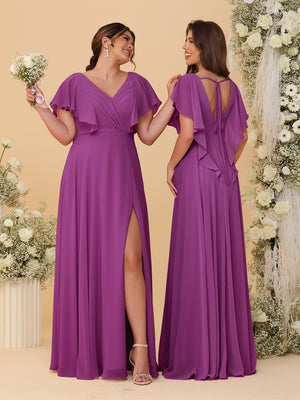 A-Line/Princess V-Neck Short Sleeves Floor-Length Ruched Bridesmaid Dresses With Side Slit