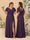 A-Line/Princess V-Neck Short Sleeves Floor-Length Ruched Bridesmaid Dresses With Side Slit