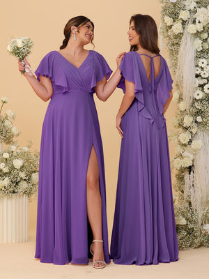 A-Line/Princess V-Neck Short Sleeves Floor-Length Ruched Bridesmaid Dresses With Side Slit