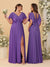 A-Line/Princess V-Neck Short Sleeves Floor-Length Ruched Bridesmaid Dresses With Side Slit