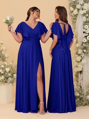 A-Line/Princess V-Neck Short Sleeves Floor-Length Ruched Bridesmaid Dresses With Side Slit