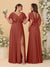 A-Line/Princess V-Neck Short Sleeves Floor-Length Ruched Bridesmaid Dresses With Side Slit