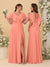 A-Line/Princess V-Neck Short Sleeves Floor-Length Ruched Bridesmaid Dresses With Side Slit