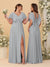 A-Line/Princess V-Neck Short Sleeves Floor-Length Ruched Bridesmaid Dresses With Side Slit