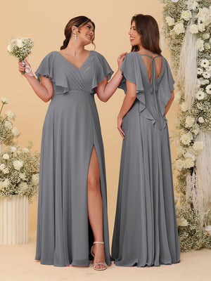 A-Line/Princess V-Neck Short Sleeves Floor-Length Ruched Bridesmaid Dresses With Side Slit