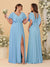 A-Line/Princess V-Neck Short Sleeves Floor-Length Ruched Bridesmaid Dresses With Side Slit