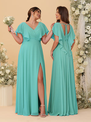 A-Line/Princess V-Neck Short Sleeves Floor-Length Ruched Bridesmaid Dresses With Side Slit