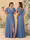 A-Line/Princess V-Neck Short Sleeves Floor-Length Ruched Bridesmaid Dresses With Side Slit