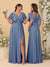A-Line/Princess V-Neck Short Sleeves Floor-Length Ruched Bridesmaid Dresses With Side Slit