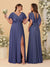 A-Line/Princess V-Neck Short Sleeves Floor-Length Ruched Bridesmaid Dresses With Side Slit