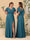 A-Line/Princess V-Neck Short Sleeves Floor-Length Ruched Bridesmaid Dresses With Side Slit
