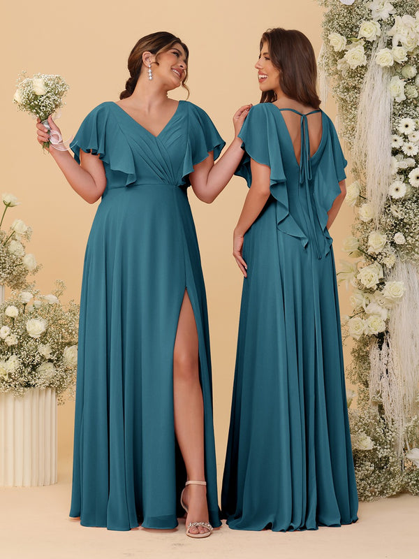 A-Line/Princess V-Neck Short Sleeves Floor-Length Ruched Bridesmaid Dresses With Side Slit