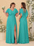 A-Line/Princess V-Neck Short Sleeves Floor-Length Ruched Bridesmaid Dresses With Side Slit