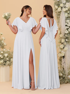 A-Line/Princess V-Neck Short Sleeves Floor-Length Ruched Bridesmaid Dresses With Side Slit