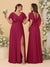 A-Line/Princess V-Neck Short Sleeves Floor-Length Ruched Bridesmaid Dresses With Side Slit