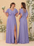 A-Line/Princess V-Neck Short Sleeves Floor-Length Ruched Bridesmaid Dresses With Side Slit