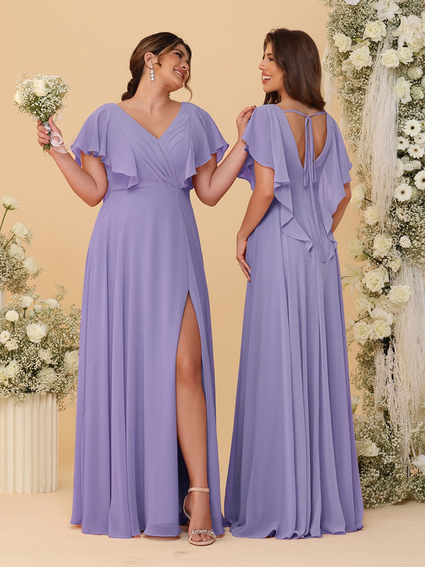 A-Line/Princess V-Neck Short Sleeves Floor-Length Ruched Bridesmaid Dresses With Side Slit