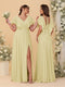 A-Line/Princess V-Neck Short Sleeves Floor-Length Ruched Bridesmaid Dresses With Side Slit