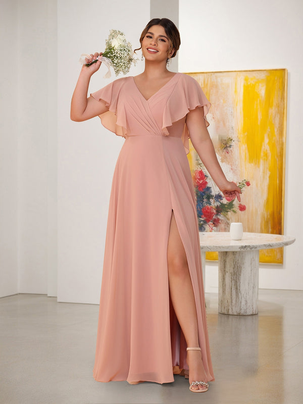 A-Line/Princess V-Neck Short Sleeves Floor-Length Plus Size Bridesmaid Dresses With Side Slit