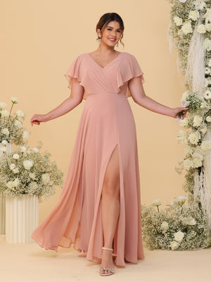 A-Line/Princess V-Neck Short Sleeves Floor-Length Plus Size Bridesmaid Dresses With Side Slit
