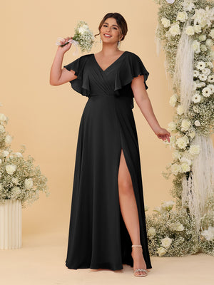 A-Line/Princess V-Neck Short Sleeves Floor-Length Plus Size Bridesmaid Dresses With Side Slit