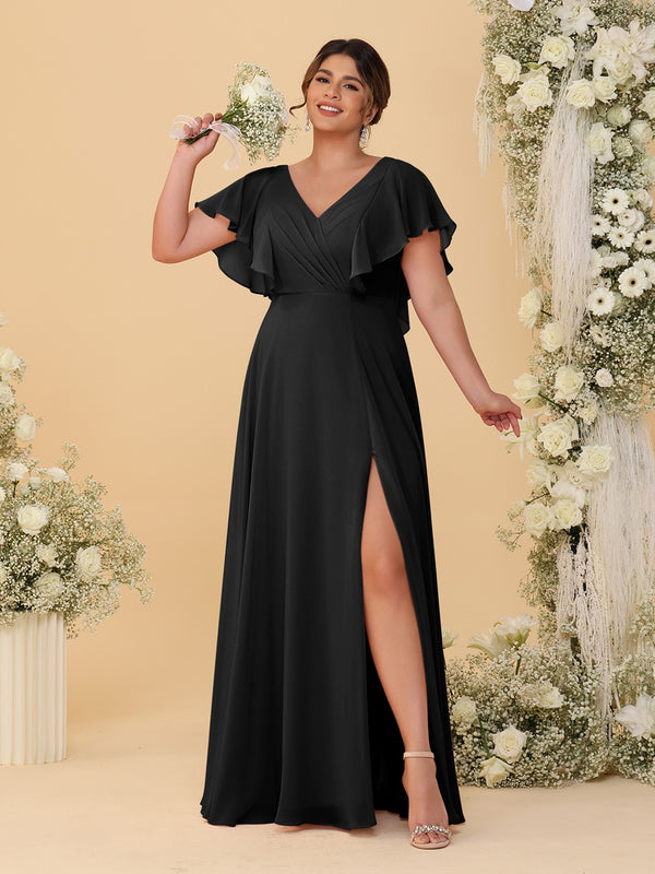 A-Line/Princess V-Neck Short Sleeves Floor-Length Plus Size Bridesmaid Dresses With Side Slit