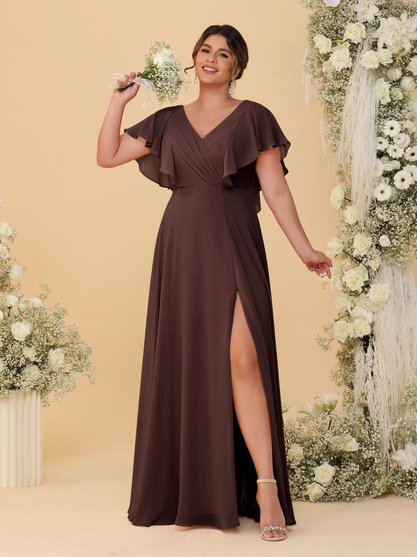 A-Line/Princess V-Neck Short Sleeves Floor-Length Plus Size Bridesmaid Dresses With Side Slit