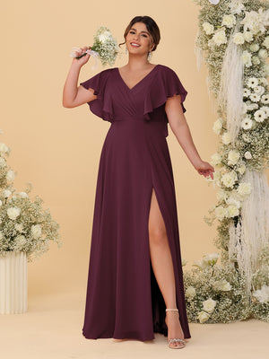 A-Line/Princess V-Neck Short Sleeves Floor-Length Plus Size Bridesmaid Dresses With Side Slit