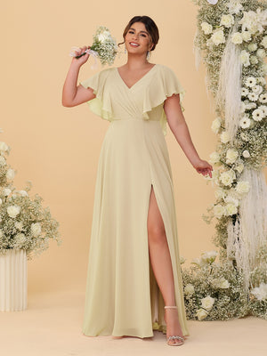 A-Line/Princess V-Neck Short Sleeves Floor-Length Plus Size Bridesmaid Dresses With Side Slit