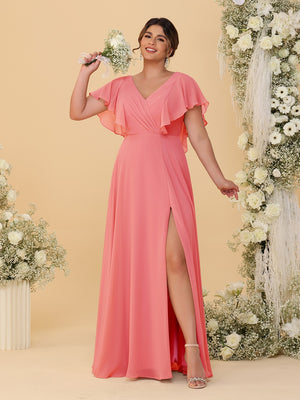 A-Line/Princess V-Neck Short Sleeves Floor-Length Plus Size Bridesmaid Dresses With Side Slit