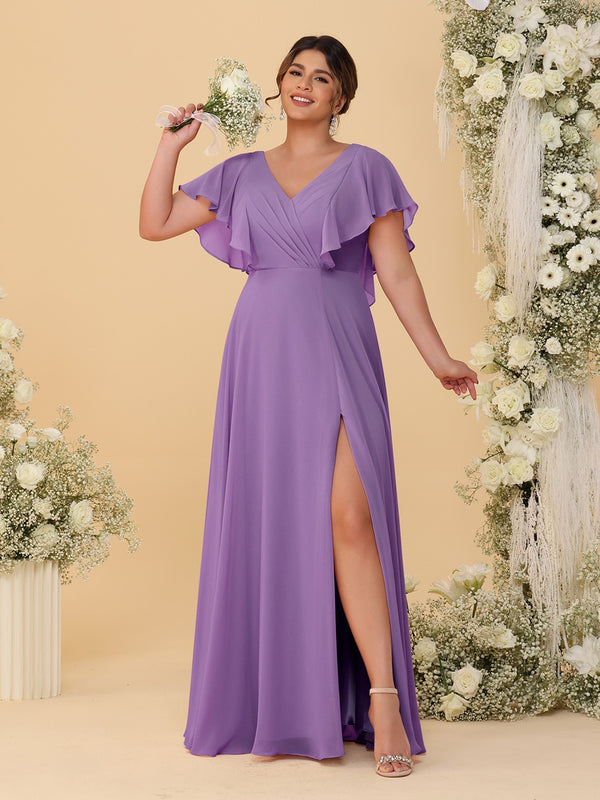 A-Line/Princess V-Neck Short Sleeves Floor-Length Plus Size Bridesmaid Dresses With Side Slit