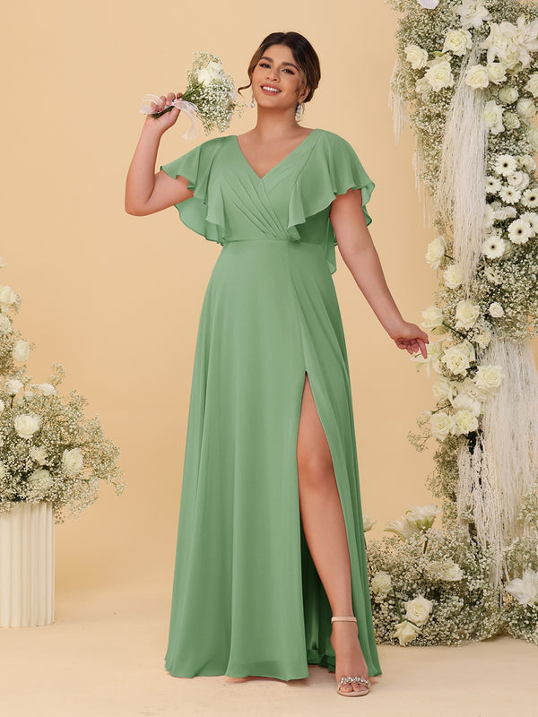A-Line/Princess V-Neck Short Sleeves Floor-Length Plus Size Bridesmaid Dresses With Side Slit
