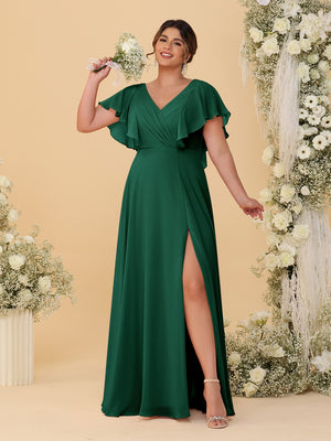 A-Line/Princess V-Neck Short Sleeves Floor-Length Plus Size Bridesmaid Dresses With Side Slit