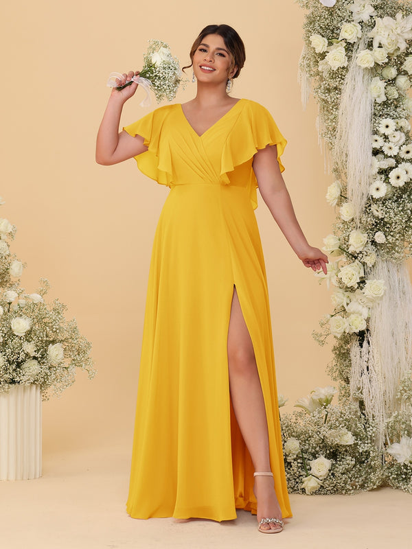 A-Line/Princess V-Neck Short Sleeves Floor-Length Plus Size Bridesmaid Dresses With Side Slit